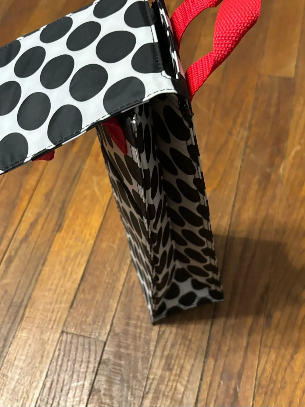 Thirty-One Black Polka Dot Wine Bottle Tote with Red Handle